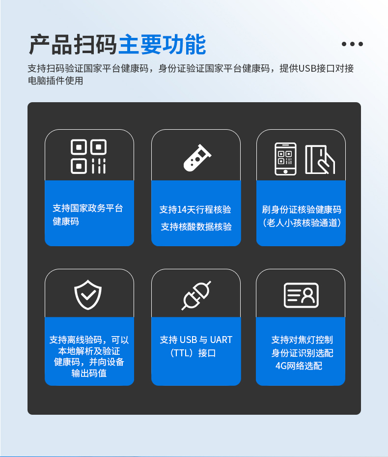 支持掃碼驗證國家平臺健康碼，身份證驗證國家平臺健康碼，提供USB接口對接電腦插件使用